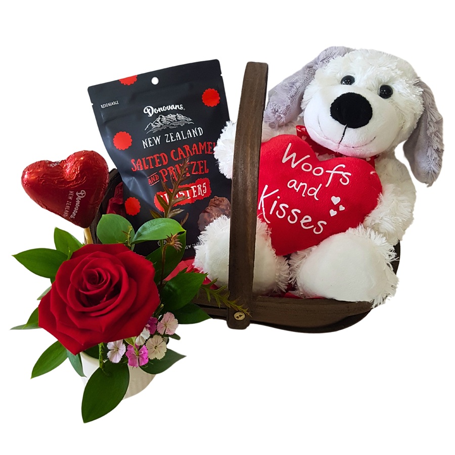 Woofs and Kisses Dog Soft Toy with Chocolates and Red Rose in Pot
