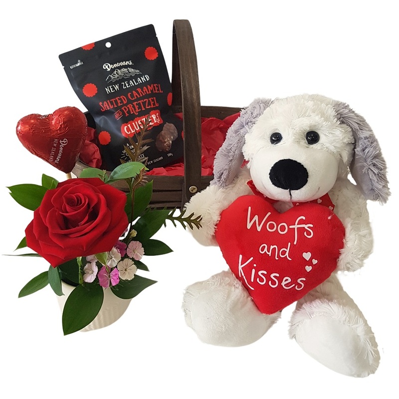Valentines Day gift basket with Puppy Soft Toy, Red Rose and Chocolates