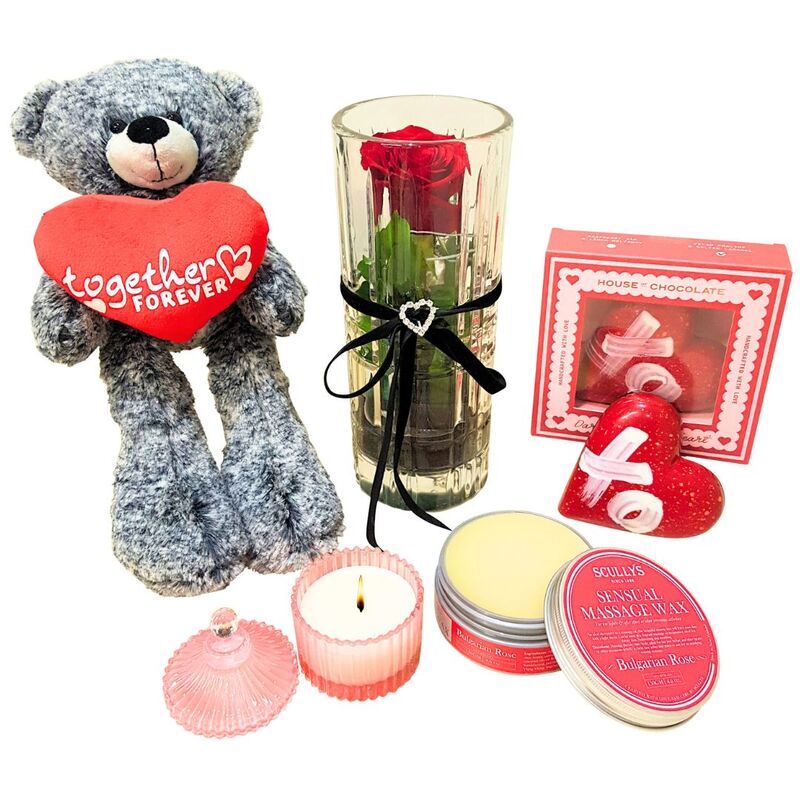 red rose in vase with teddy bear and valentine's chocolates and gifts hamper