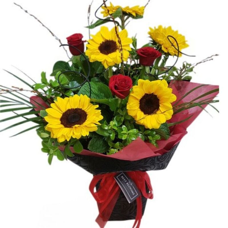 Valentines Bouquet of Sunflowers and Red Roses