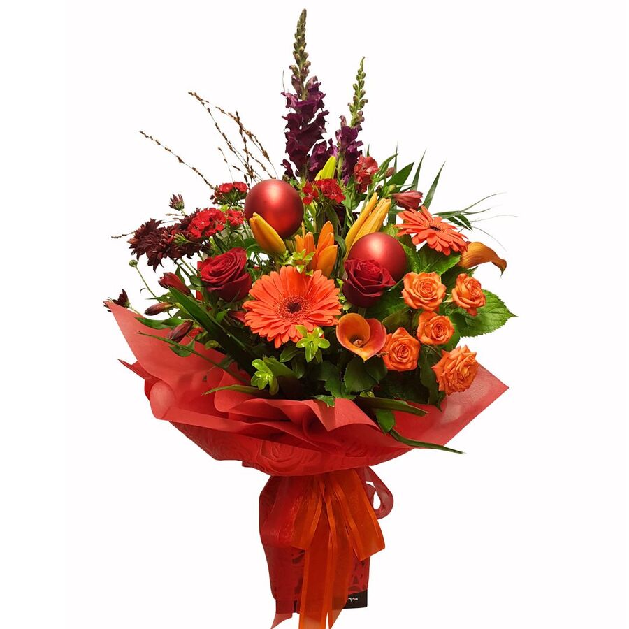 Rich, lush NZ Summer Christmas bouquet , n orange and red flowers
