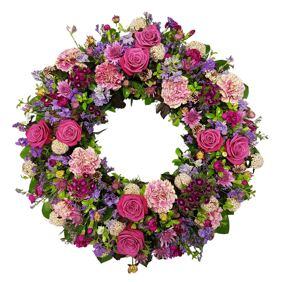 purple mauve wreath Auckland NZ.. Purple flowers, lavender, mauve. Roses, chrysanthemums, stock, freesias.