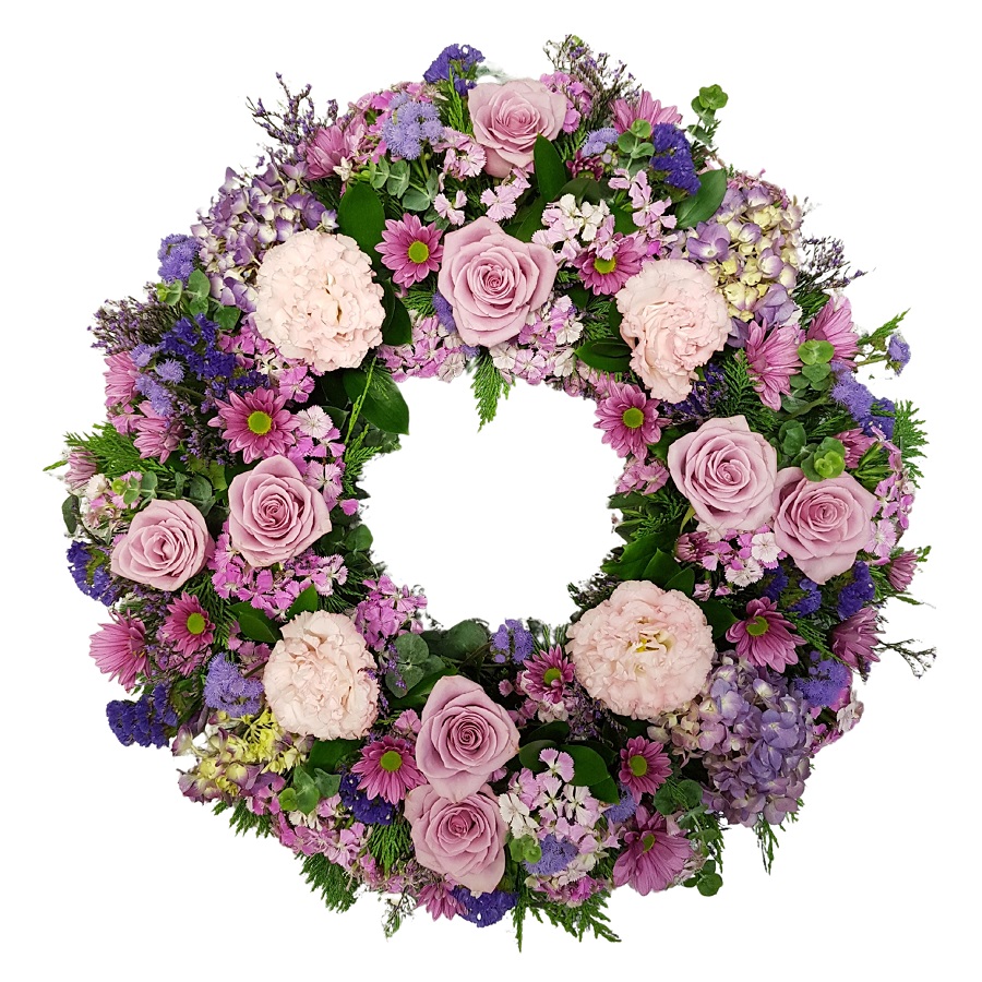 purple mauve wreath Auckland NZ.. Purple flowers, lavender, mauve. Roses, chrysanthemums, stock, freesias., 