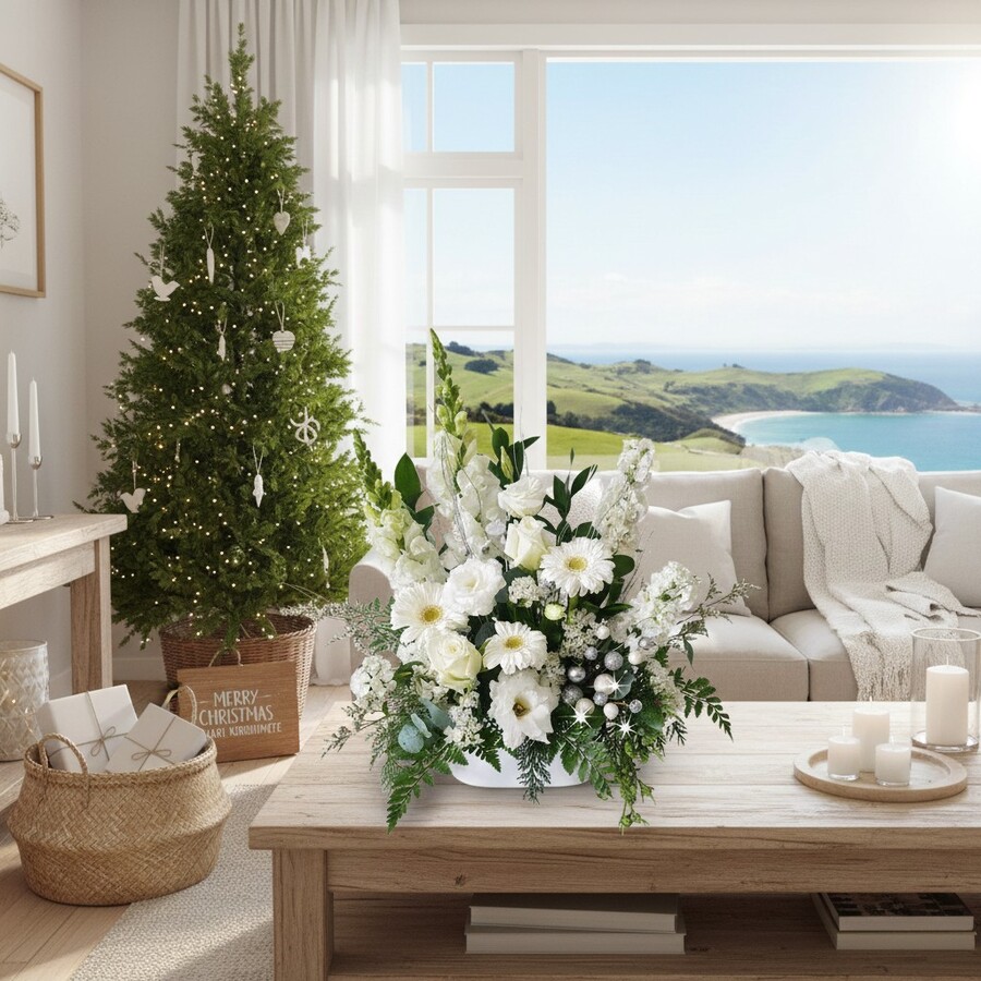 White Christmas Sparkles White Christmas arrangement in NZ lounge scene with sea background
