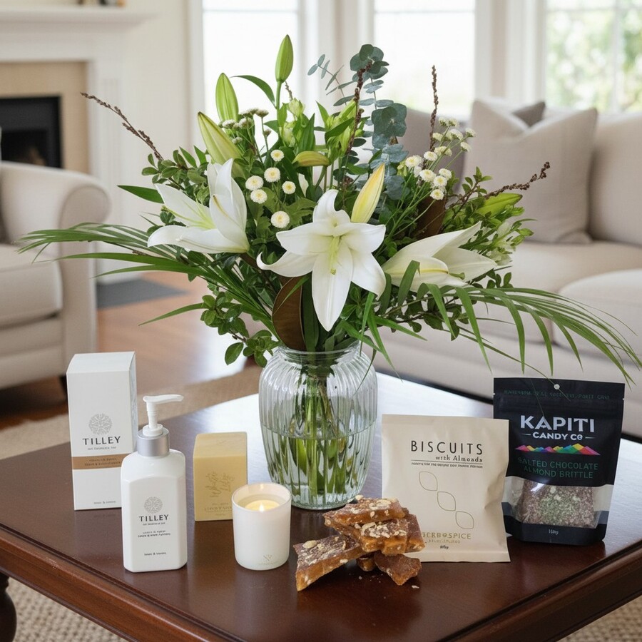 Gift Set of Living Light White Lily Candle and Fresh Flowers in styled scene
