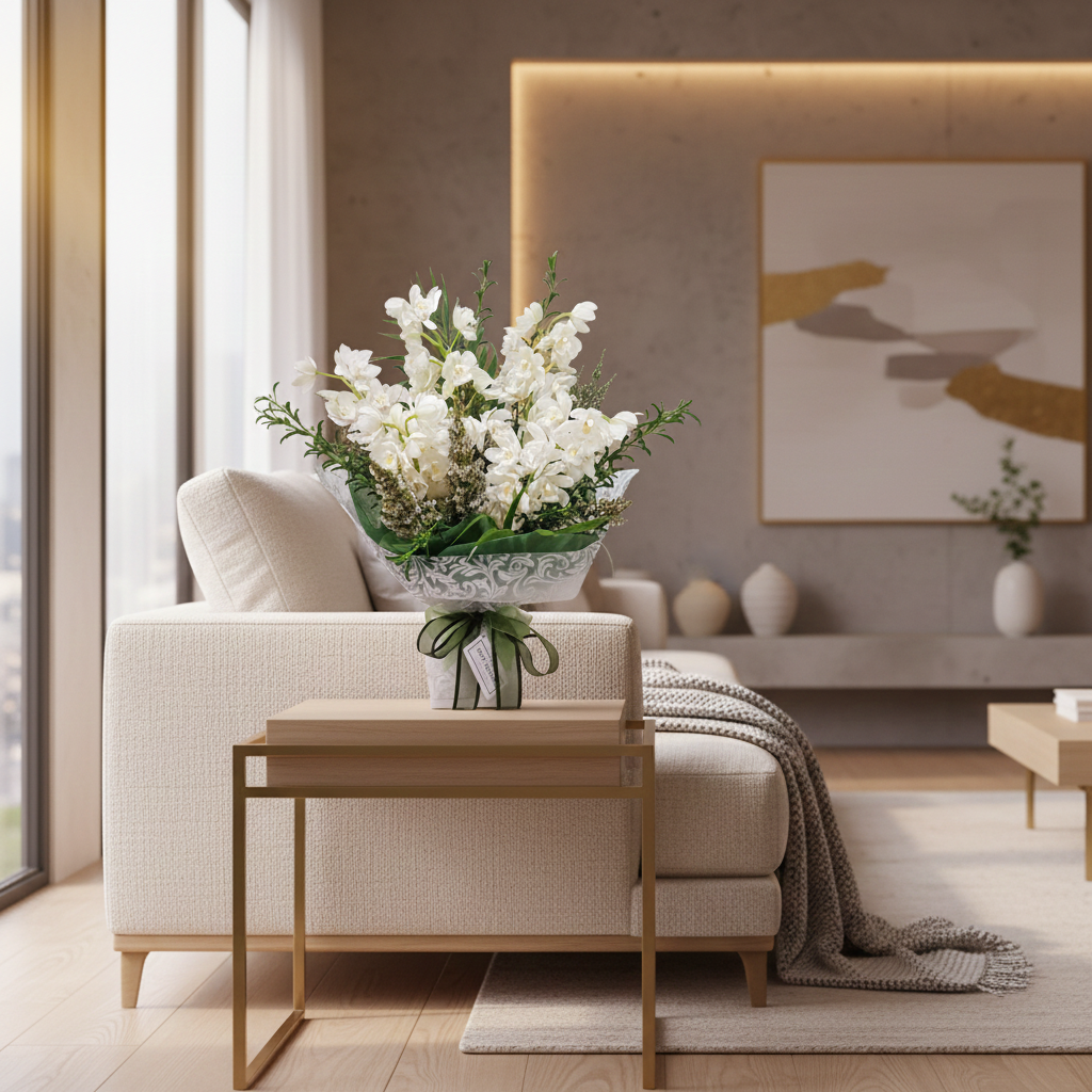 Ballerina Orchid Bouquet White orchid bouquet in styled scene