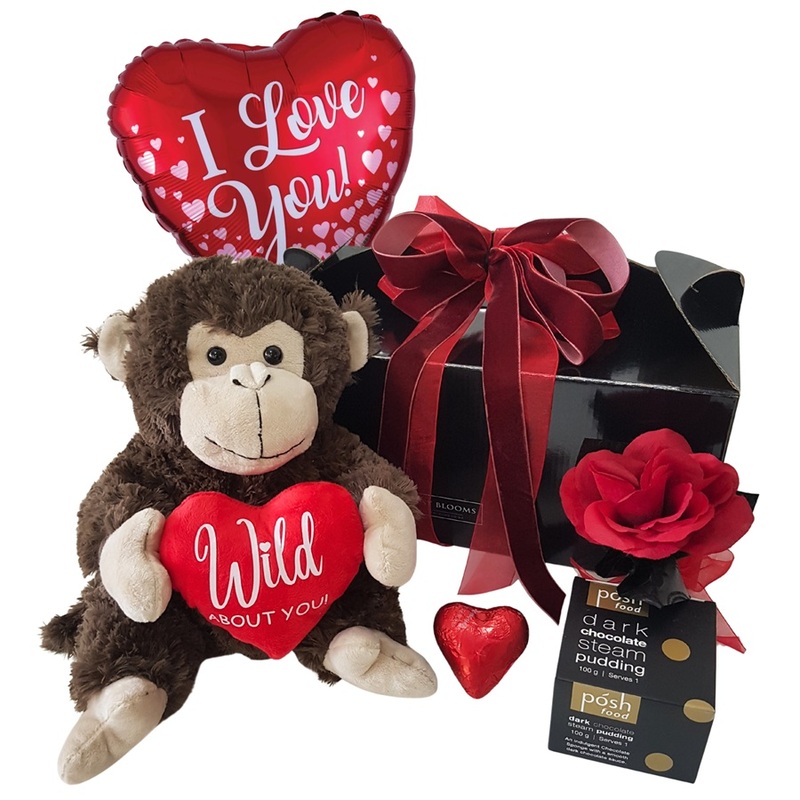 Wild About You Valentine’s gift basket with plush monkey, chocolates and balloon