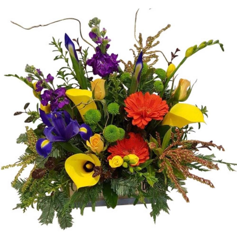 Wooden Box arrangement with bright mixed flowers