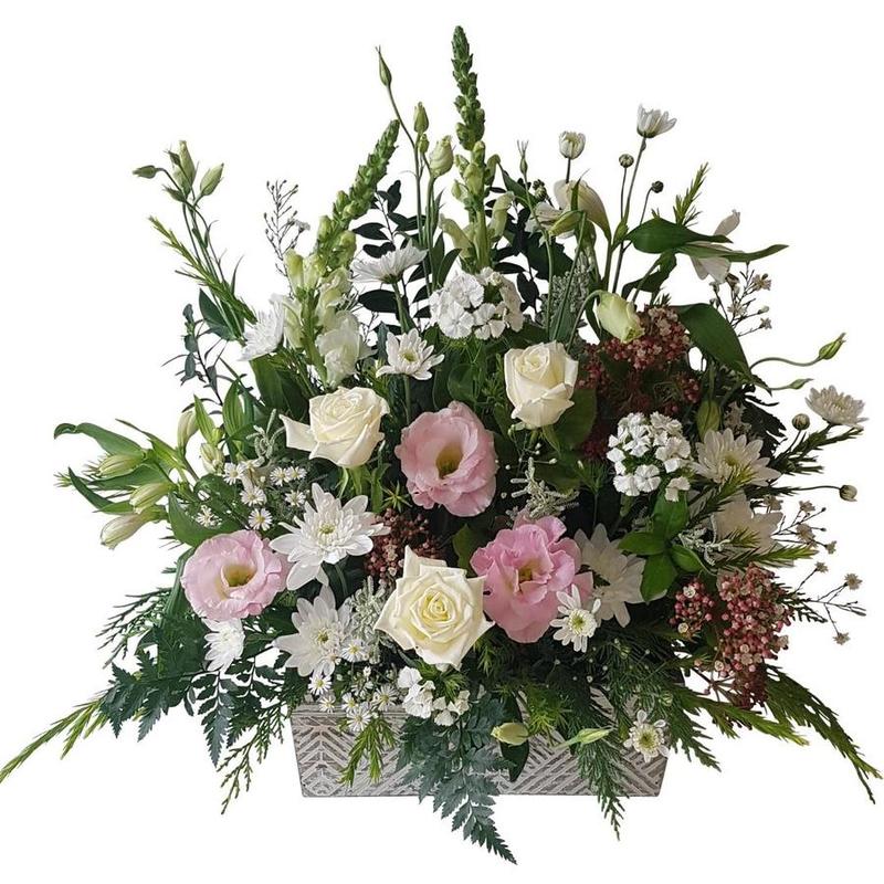 Wooden Box arrangement with soft pink and white flowers, 