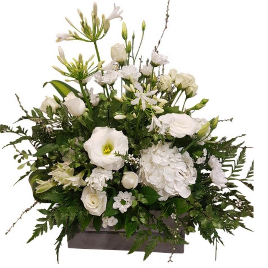 Wooden Box arrangement with white flowers