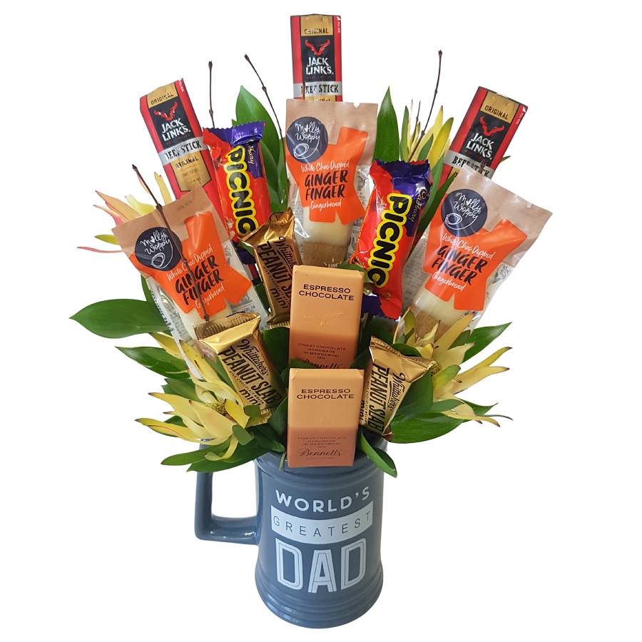 Bennetts of Mangawhai Chocolate Bouquet in Worlds Greatest Dad grey Tankard Mug