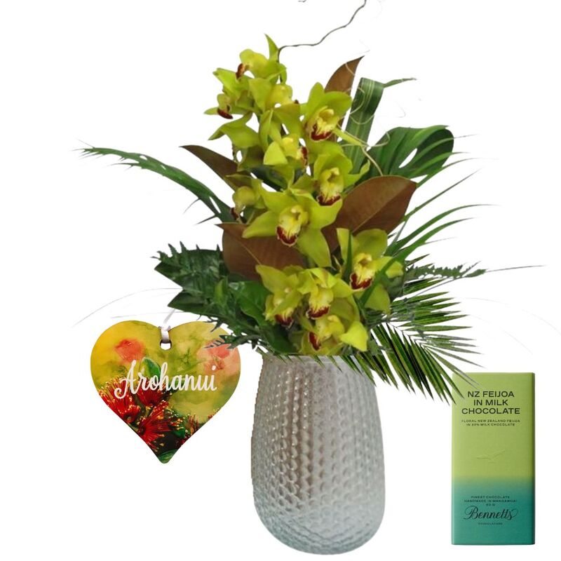 Arohanui orchid vase gift with green Cymbidium orchid and chocolate