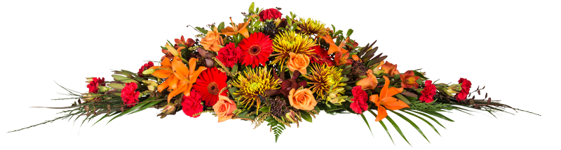 Autumn tones Casket Spray. Flowers in reds, oranges, golds. Chrysanthemums, Roses, Gerberas, Lillies, Alstroemarias.