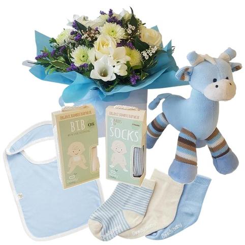 Baby boy gift basket with blue baby clothes delivered Auckland
