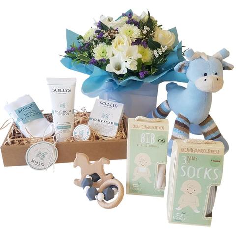 newborn baby girl gift box giraffe, scullywags, boody baby bib, 3 pack socks, flower posy.