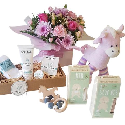 newborn baby boy gift box giraffe, scullywags, boody baby bib, 3 pack socks, flower posy.