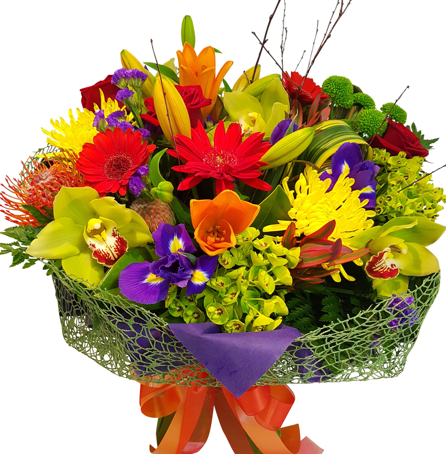 Bright fresh flower bouquet Auckland delivery. Mixed bloom Designed by florist. Orchids, iris, Lecaspernum, chrysanthemums.