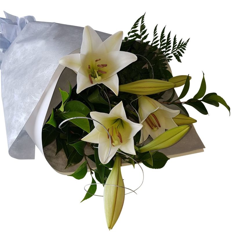 Open white longiflorum lilies, bloom and buds, twisted willow twigs in silver wrapping and bow for Christmas in Auckland.