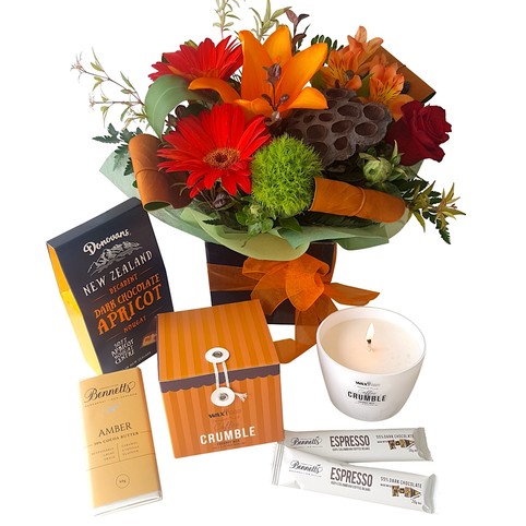 coffee gift box with chocolates and coffee candle top view