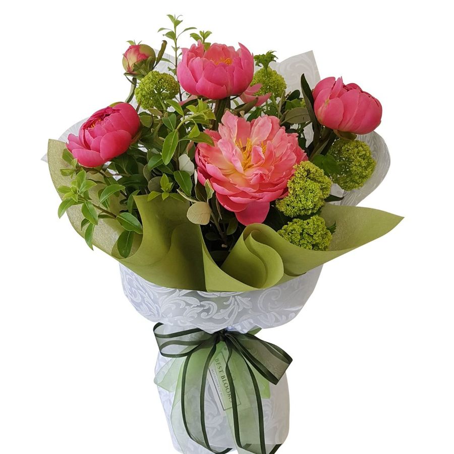 Five Coral Charm Pink Peonies with Foliage