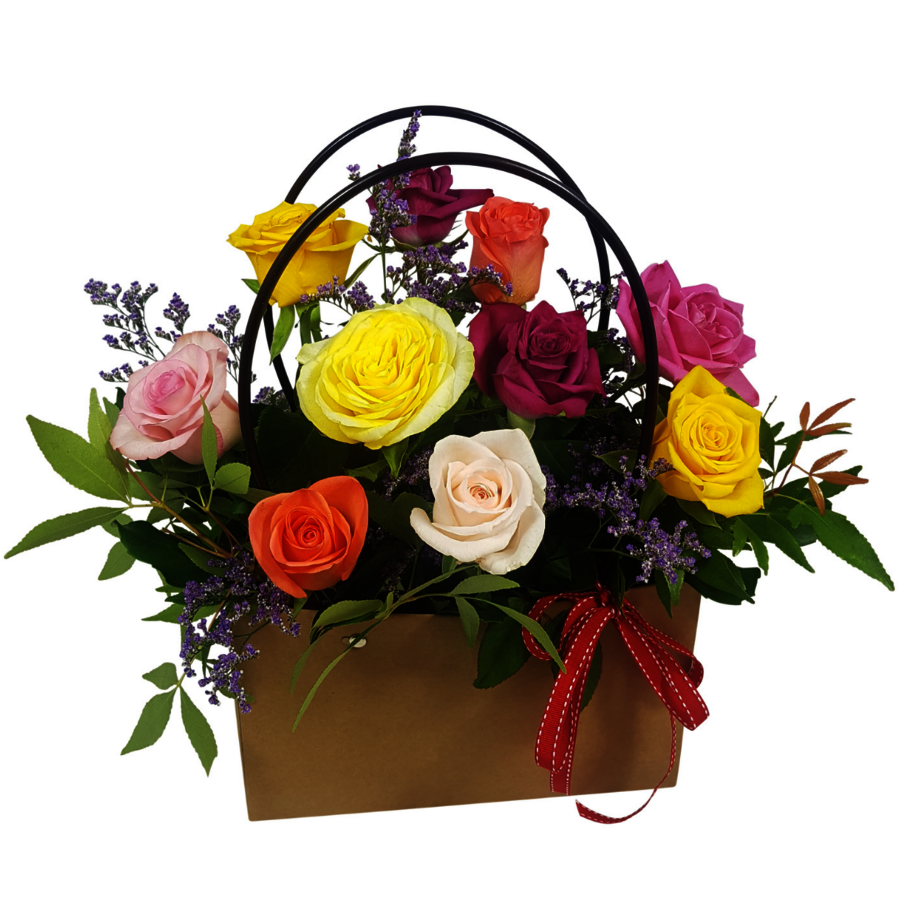 mothers day floral arrangement of colourful rainbow roses