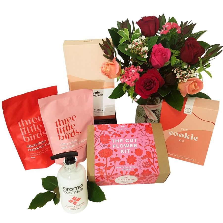 stylish gift box includes cut flower grow kit, chocolates, hand cream