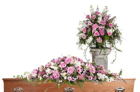 Funeral setting for the chapel in soft pastel colours. Casket spray and Side Display Church arrangement., 