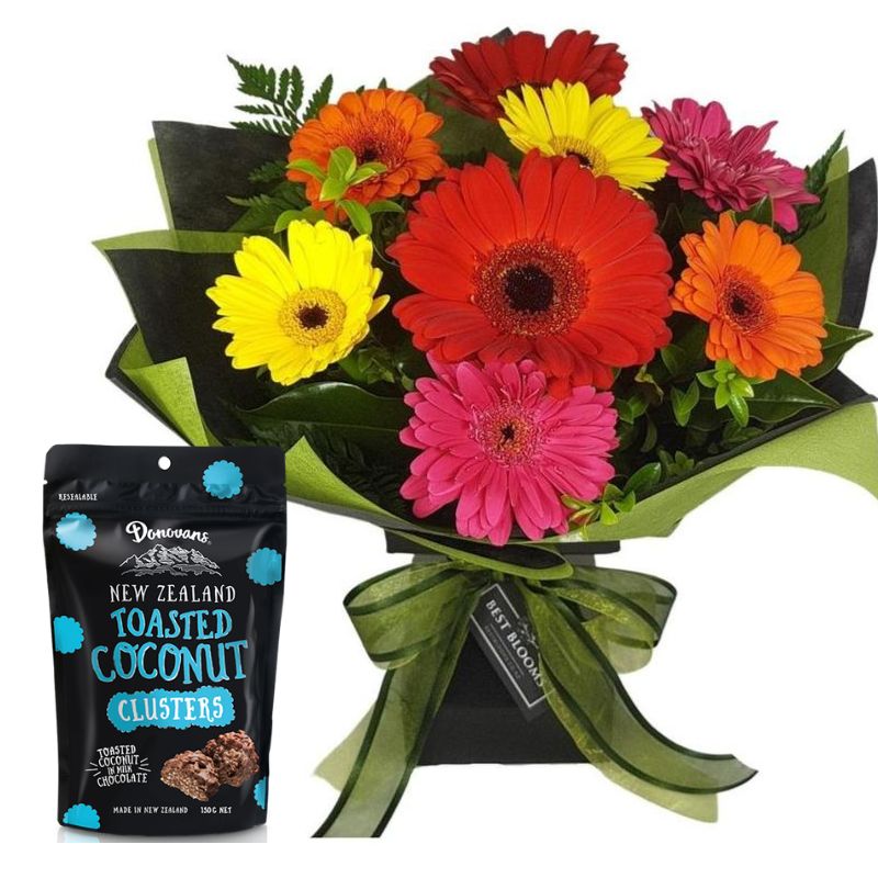Easter Choccie Basket – Weekly Flowers Special Best Blooms Auckland, Gerberas and Chocolate Clusters