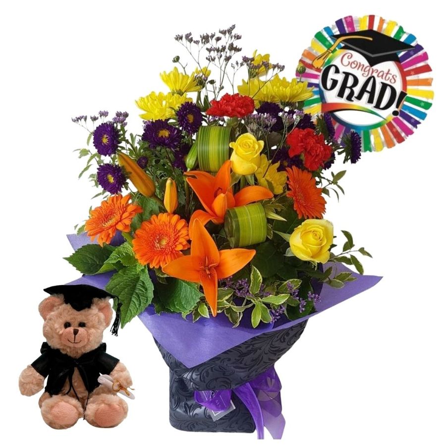 Graduation Flowers and Graduation Teddy Bear Gift with grad balloon, 