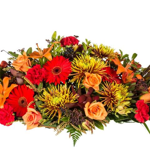 Autumn Tones Casket Spray Autumn tones Casket Spray. Flowers in reds, oranges, golds. Chrysanthemums, Roses, Gerberas, Lillies, Alstroemarias.