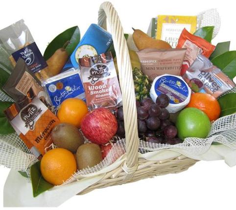 Savoury Fruit Basket Fruit, cheese and savoury nibbles gift basket.