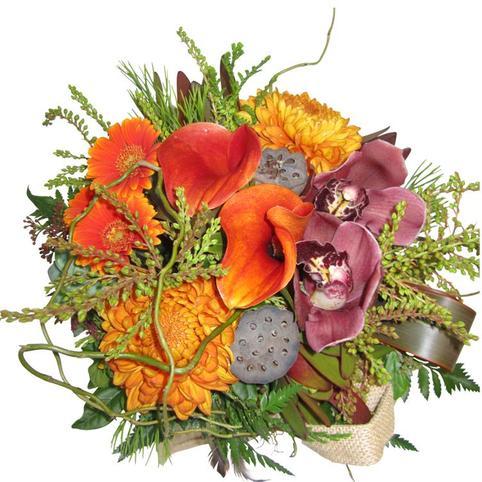 Kiwiana Jute Basket top view of lovely textured flowers in kiwiana arrangement