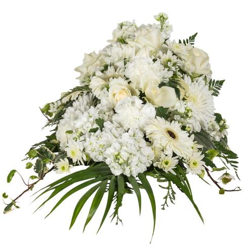 front view of white casket spray flowers