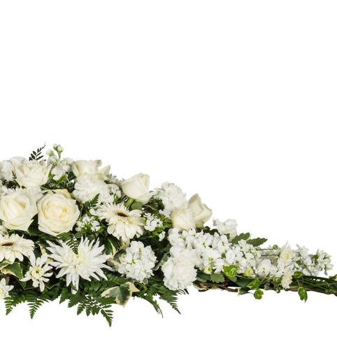 Peaceful Rest Casket Spray side view showing selection of white flowers used in casket spray