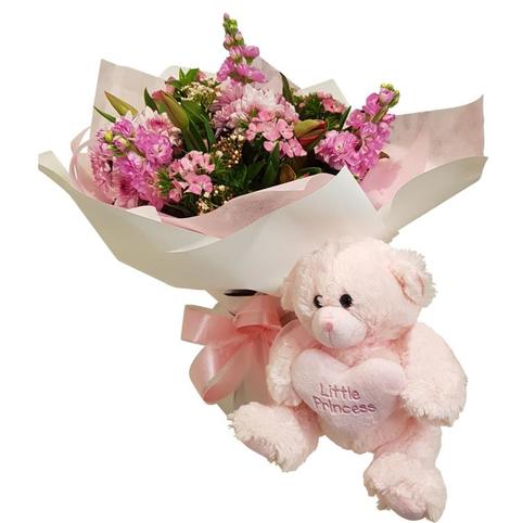 Pink girl Baby Flowers Auckland and baby pink teddy bear