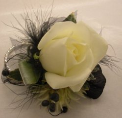 black and white themed wrist corsage