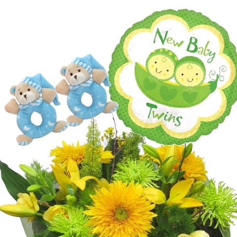 New Baby TWINS Gift Package twin boys gift bouquet and new baby twins balloon
