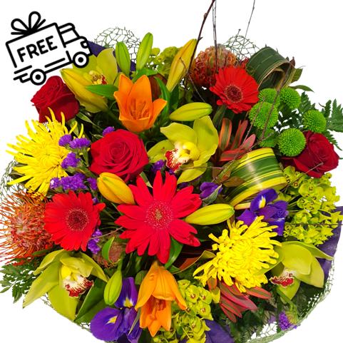 colourful bright happy flower bouquet auckland. Yellow, red, orange and purple flowers. Free Delivery stamp.