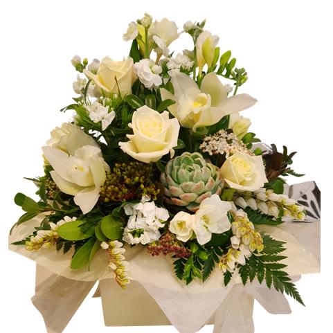 Subtle Creams Boxed Arrangement cream flower arrangement