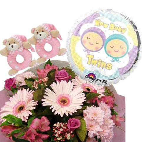 New Baby TWINS Gift Package twin girls gift bouquet and new baby twins balloon