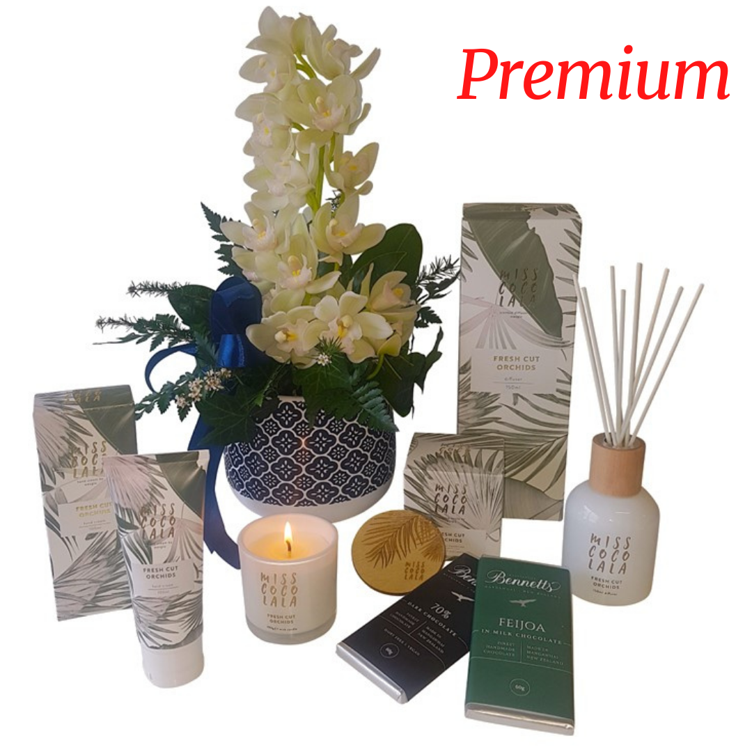 Miss Coco Lala Gift Box gift package featuring orchids, chocolates, candle, hand cream auckland