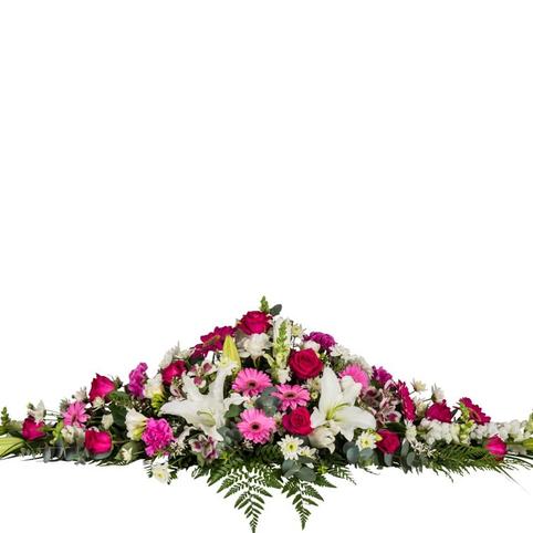 pink and white funeral casket spray