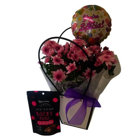 pink plant gift with you're special balloon and chocs