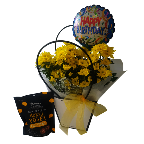 bright flowering plant gift basket with balloon and chocolates