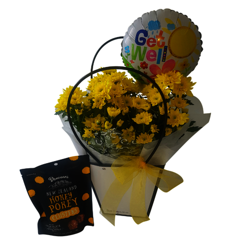 get well soon  plant gift basket with balloon and chocolates