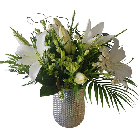 sympathy white flowers in glass bronze vase for funeral auckland