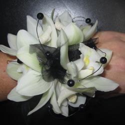 photo of white orchid corsage with black feathers wristlet.