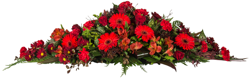 Red floral casket spray arrangement