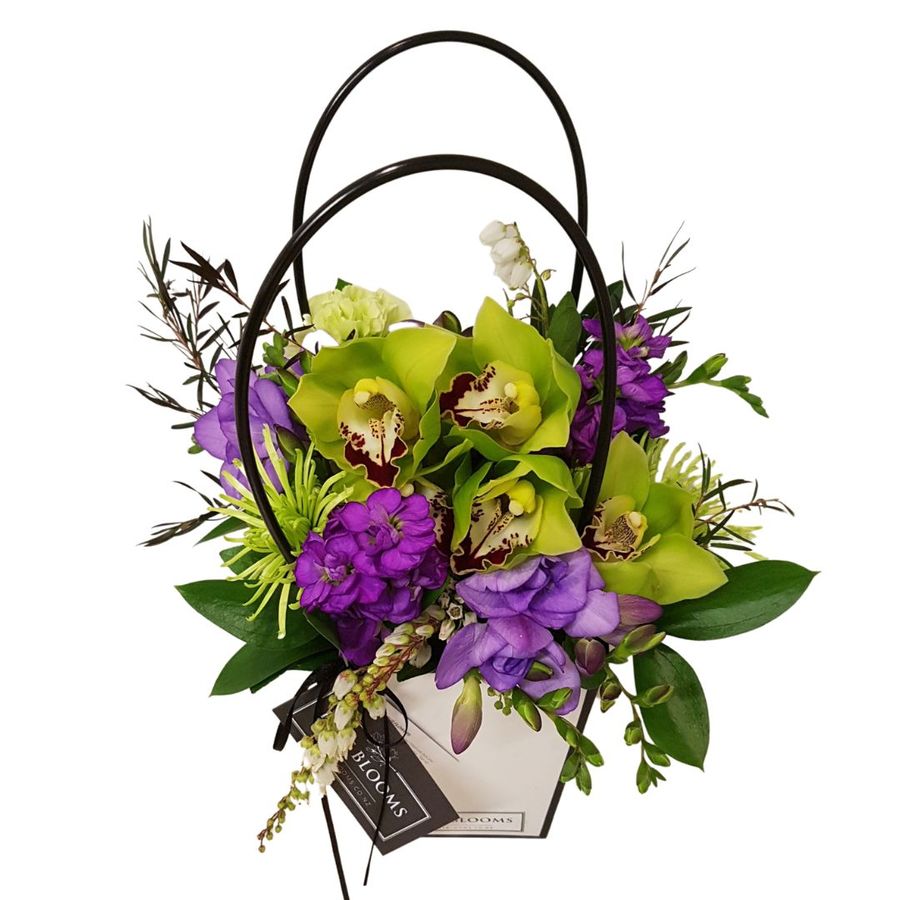 mini flower handbag design with purple freesias and green orchids