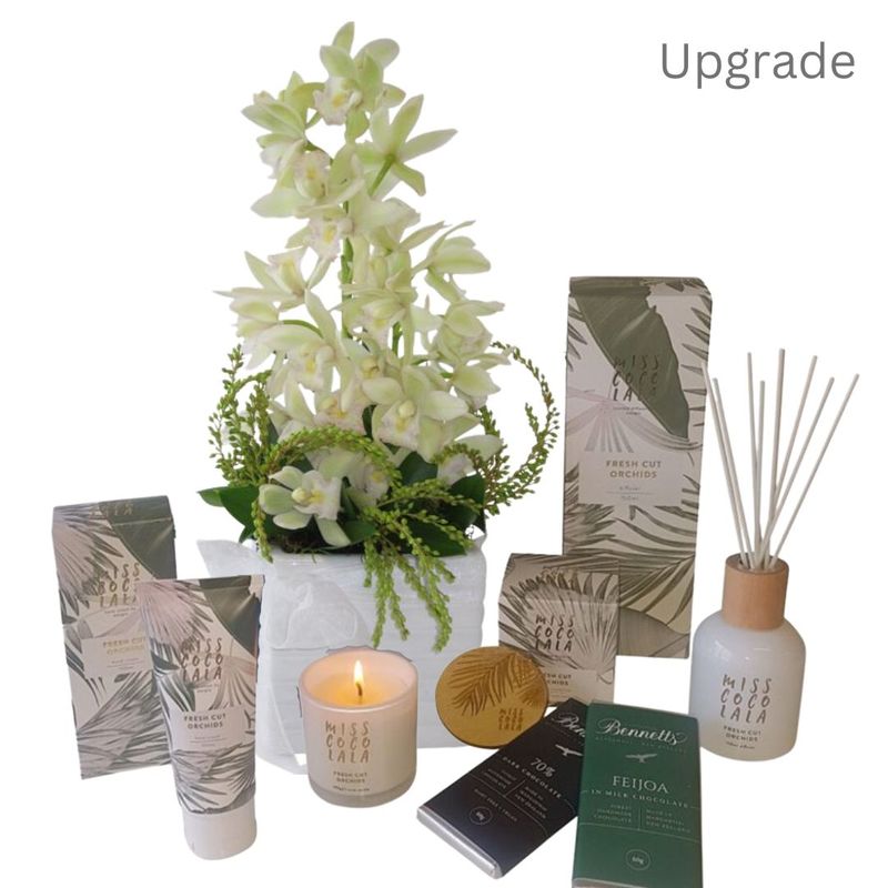 gift package featuring orchids, chocolates, candle, hand cream auckland